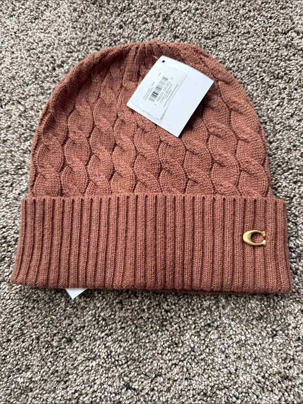 Coach Cable-Knit Beanie in Rust Brown with Gold 'C'
